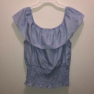 light blue and white off the shoulder top